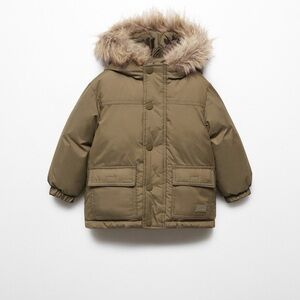 Mango Kids Khaki Puffer Jacket with Faux Fur Hood